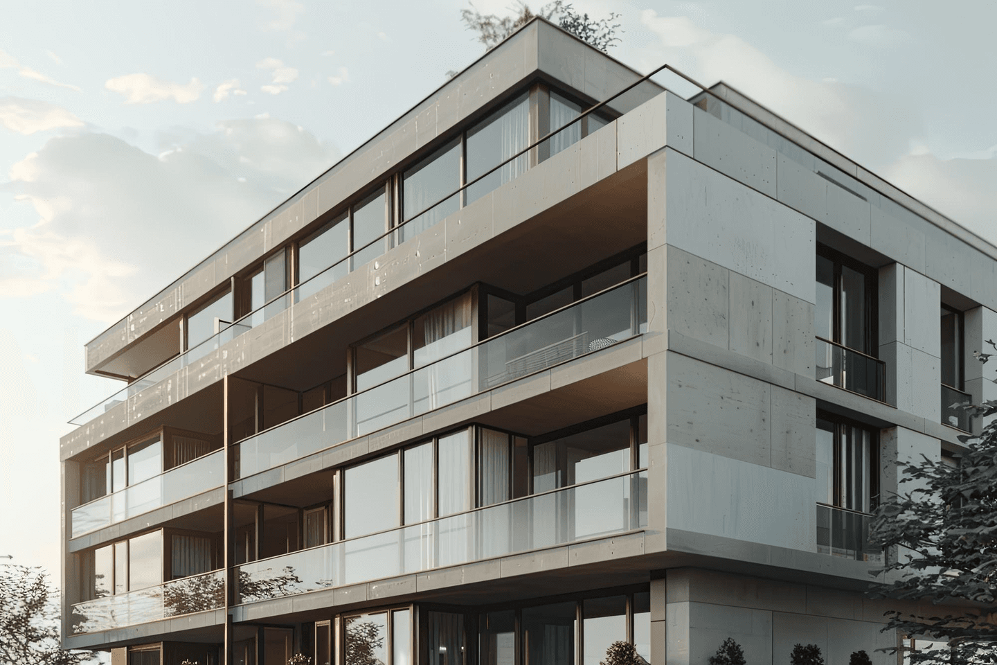 تصميم معماري خارجي لمبنى سكني فاخر بشرفات وألواح خرسانية أنيقة
